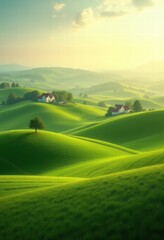 Breathtaking landscape of lush green hills under a soft golden light, featuring quaint houses nestled within the serene scenery.