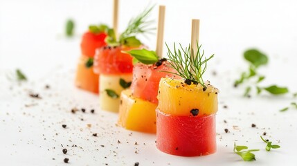 Four colorful fruit pieces are elegantly presented on sticks, enhanced with a fresh sprig of rosemary for a delightful touch.