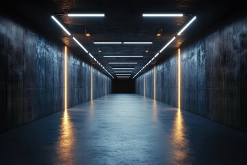 Illuminated tunnel entrance in spacious dark hall with lights and copyspace. AI generated illustration.