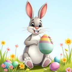 Bunny sitting with Easter eggs and smiling