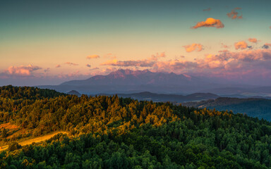 Tatra Mountains, Poland. Panorama of a mountain landscape. View from Koziarz. Sunset over the mountains