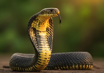 Fototapeta premium Cobra Snake with Expanded Hood Showing Defensive Posture Against Blurred Background Highlighting Its Yellow and Black Scales