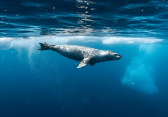 Naklejka premium A Seal Swimming Gracefully Underwater Near an Iceberg, with Bubbles and Light Reflections Adding to the Tranquil Polar Scene