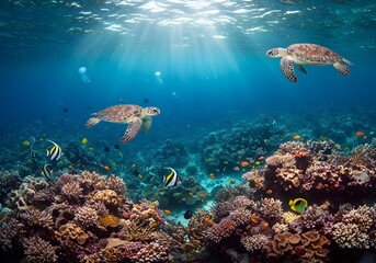 Fototapeta premium Sea Turtles Swimming Above Vibrant Coral Reef with Sunlight Filtering Through Water