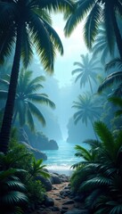 Fototapeta premium A serene tropical paradise with lush palms framing a tranquil river leading to the ocean, enveloped in soft mist and rich greenery.