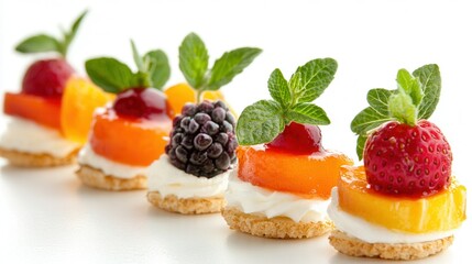 Four delectable desserts adorned with vibrant fruit toppings, showcasing a delightful blend of flavors and colors that entice the senses.