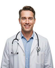 Fototapeta premium Male doctor displays a friendly smile wearing a white coat and a stethoscope, representing healthcare professionalism in a clinical setting with a transparent background