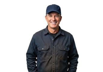 A man with a friendly smile is dressed in a blue cap and dark shirt. He stands confidently against a transparent background, radiating warmth and approachability