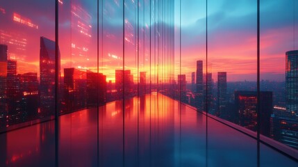 Stunning City Skyline at Sunset with Vibrant Colors and Reflections