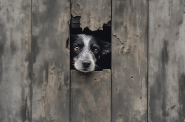 A black and white dog sticks its head through a hole in a wooden fence and looks sadly at the street