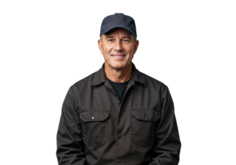 A man sits against a transparent background wearing a dark jacket and cap, smiling warmly. His demeanor conveys friendliness and confidence, inviting engagement