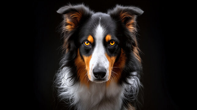 A border collie stares directly at the viewer with piercing yellow eyes, showcasing its intelligent and focused expression against a dark background - Generative AI