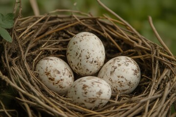 Obraz premium Arafed nest contains four eggs nestled atop a lush, leafy plant, showcasing the beauty of nature's delicate ecosystem and nurturing environment.