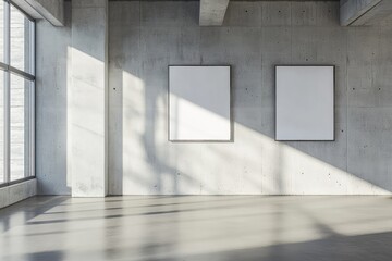 Obraz premium Interior of modern gallery with empty poster on concrete wall. AI generated illustration.