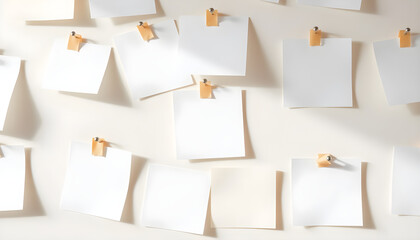 Collage of white paper squares attached with wooden clips on a neutral background