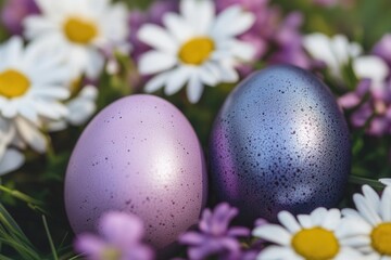 A collection of purple and blue eggs rests among vibrant flowers in a sunny field, creating a whimsical and colorful spring scene.