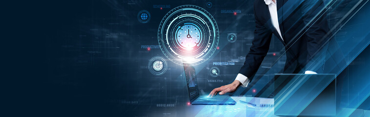 Time Management: Businessman use laptop and synchronize data of schedules on computer device with...