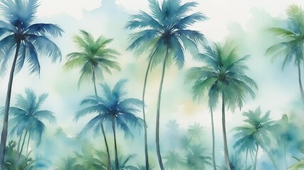 A vibrant watercolor painting captures a tranquil scene of swaying palm trees in a tropical paradise.