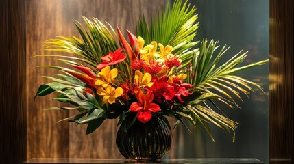A lush tropical flower bouquet with bright red and yellow blooms, surrounded by striking palm fronds