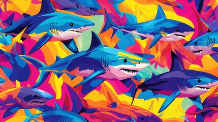 Vibrant illustration of sharks swimming in a sea of bold colors. The artwork features a dynamic composition and a striking color palette, creating a lively and energetic mood.
