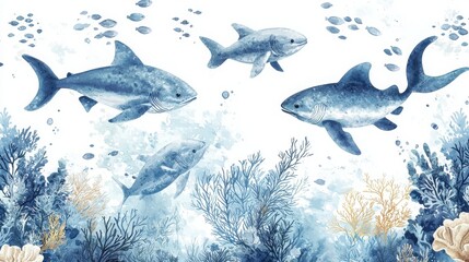 A watercolor painting of sharks swimming in the ocean, surrounded by coral reefs. The sharks are various shades of blue, creating a serene underwater scene.