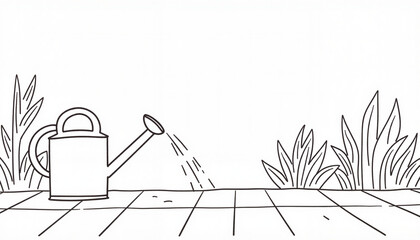 Minimalist watering can watering plants on garden patio, nature harmony