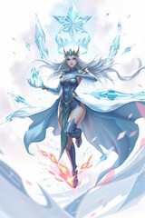Magical Queen of Ice, Anime Sorcerer Girl with long white hair, and a blue Armor dress and a crown is levitating in a motion perspective. Motion Shot, 9:16 Cardgame, white backdrop