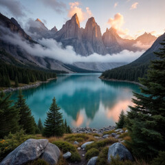 Scenic Mountain Landscape with Serene Lake at Sunset