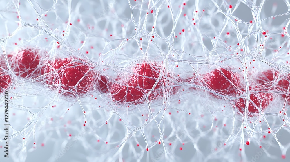 Poster microscopic view of neural network connections with red synapses and white nerve cells showing brain