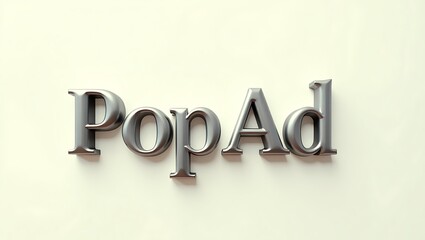 Modern metallic typography display showcasing the text PopAd on a neutral surface