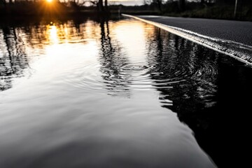 Dramatic sunset reflection in serene flooded road with ripples
