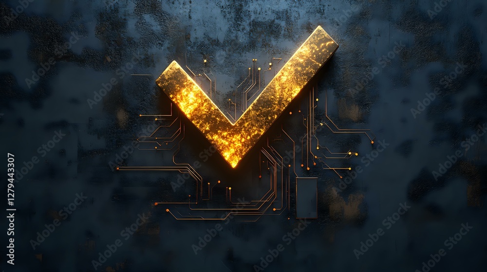 Aufkleber glowing golden checkmark symbol with circuit board pattern on dark background, illuminated with part