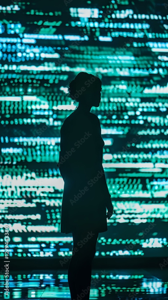 Poster female silhouette against glowing turquoise digital background with binary code pattern, representin
