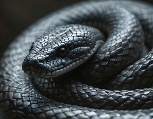 Fototapeta premium Coiled Snake with Intricately Carved Scales and Dramatic Shadows