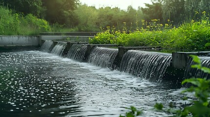 Small waterfall cascade on river dam with lush green vegetation along banks, flowing water creating peaceful nature scene in morning sunlight.