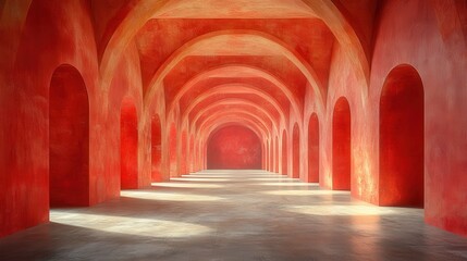 Obraz premium Red Interior with Arched Ceilings and Soft Natural Light Shadows