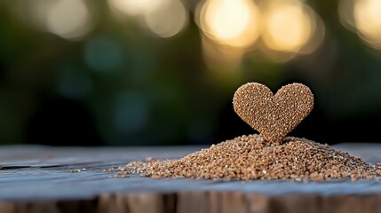 Heart shape made from sand or small grains on wooden surface with soft bokeh background at sunset, romantic nature composition for valentines and love themes.