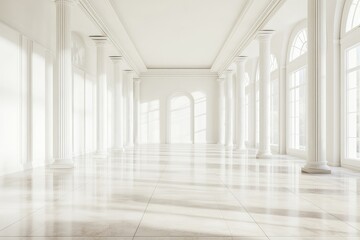 Fototapeta premium Light spacious presentation hall with columns and white walls. AI generated illustration.