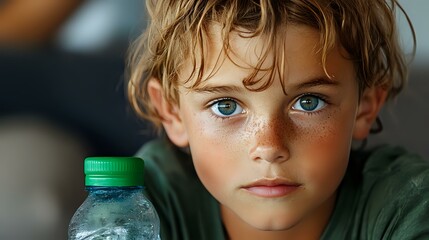 Young boy with bright blue eyes and freckles wearing green sweater holds plastic water bottle, close-up portrait showing innocence and environmental awareness.