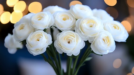 Obraz premium White ranunculus flowers against blurred bokeh lights background create romantic mood with soft petals and dreamy atmosphere. Suitable for wedding designs.
