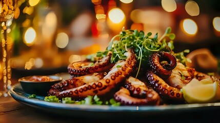 Grilled octopus tentacles garnished with fresh microgreens and lemon on blue plate, warm bokeh lights background creates cozy restaurant atmosphere.