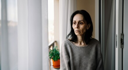 Pensive mature caucasian female by window with indoor plant in thoughtful moment
