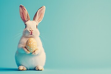 Obraz premium White rabbit holding a decorated Easter egg against a blue background. Generative AI