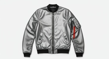 Silver metallic bomber jacket with black collar and orange inner lining