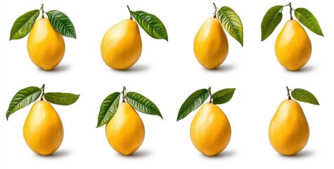 Obraz premium Eight Yellow Pears with Green Leaves on White Background