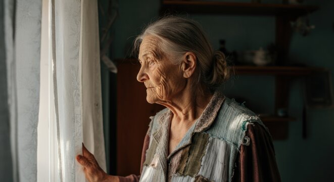 Elderly caucasian woman reflecting by window in cozy home interior - Powered by Adobe