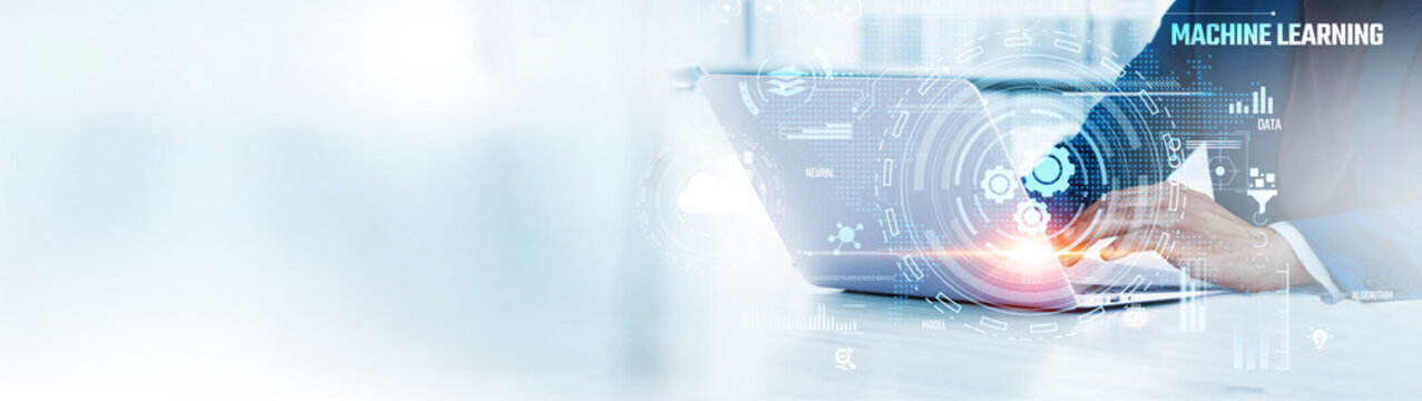 Machine Learning: Businessman uses laptop to analyze and develop various information about artificial intelligence on future virtual interface, data modeling, pattern recognition, predictive analytics