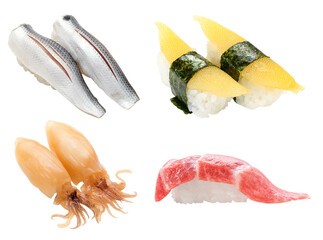 A variety of sushi pieces including silver-skinned fish nigiri, tobiko sushi, fresh squid, and fatty tuna, isolated on a white background. Perfect for Japanese cuisine lovers.