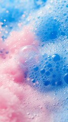 Obraz premium Close-up of blue and pink soap suds with bubbles. Abstract soap foam with water drops and shiny texture.