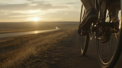 Naklejka premium Cyclist enjoying a scenic sunset bike ride along a country road. Golden hour light illuminates the scene.